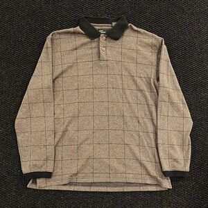 Marc Edwards Mens M Long Sleeve Grid Plaid Polo Shirt Brown Black Collar